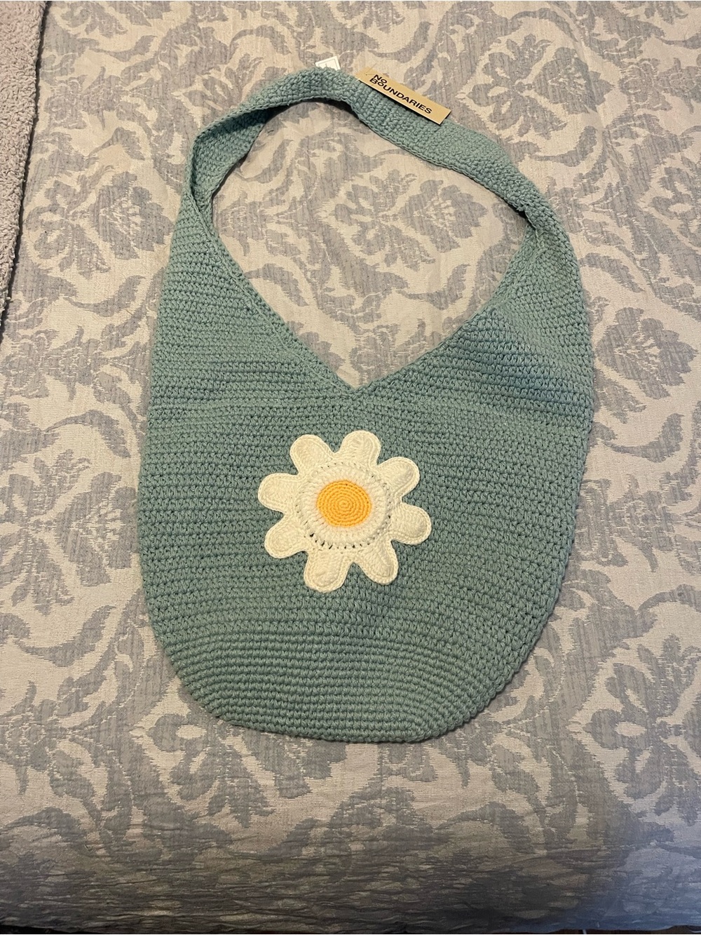 No Boundaries Crochet Hobo Bag in Sage Green with Cream & Yellow Daisy